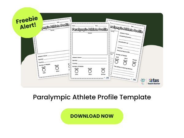 A dark green call-out with a primary teaching resource called 'Paralympic Athlete Profile Template'