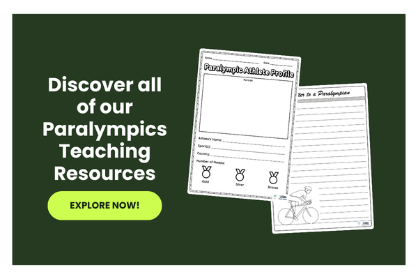 A dark green bubble with the text 'Discover all our Paralympics Teaching Resources' with a light green download button