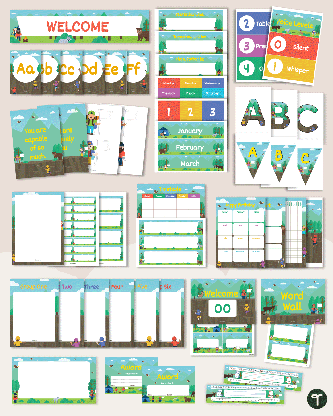 An image of all the pieces of an adventure classroom theme decor bundle on a tan background.