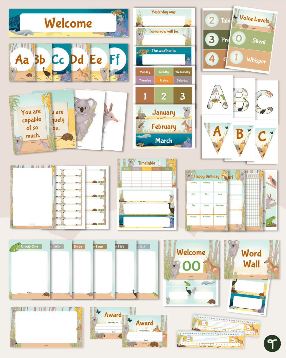 Australian Animal Themed Classroom Decor Bundle on tan background