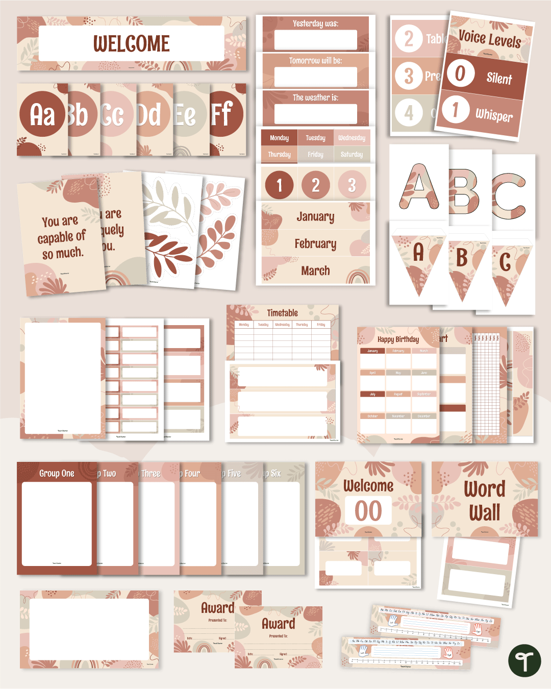 An image of the pieces of a boho neutral classroom decor theme bundle on a tan background.