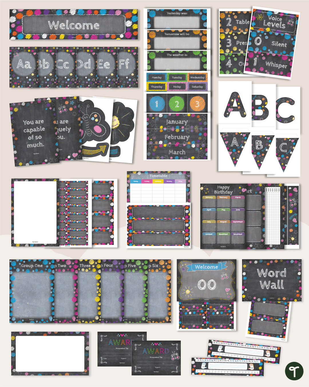 An image of many pieces of a chalkboard brights classroom theme decor bundle, set on a tan background. 