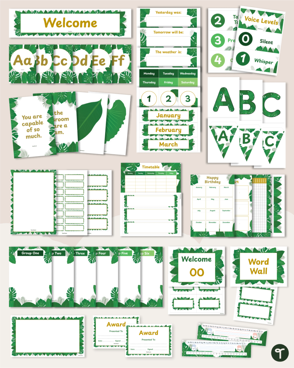 Elegant Botanical Printables for a Classroom on tan background