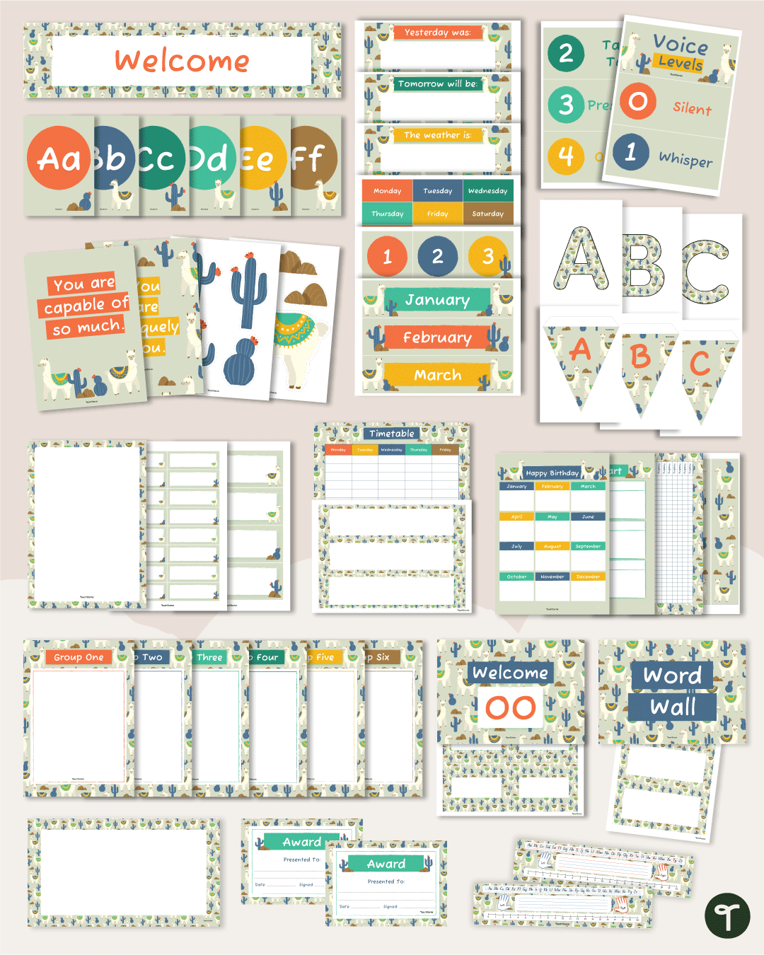 An image of many pieces of a green classroom decor theme bundle featuring llamas and cacti, on a tan background.