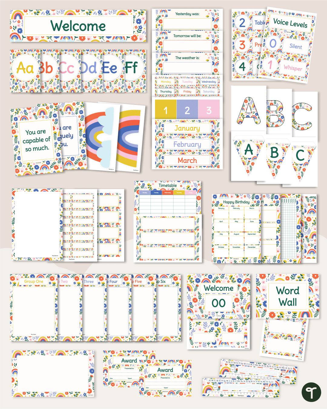 An image of many pieces of a rainbow affirmations classroom theme decor bundle on a tan background. 