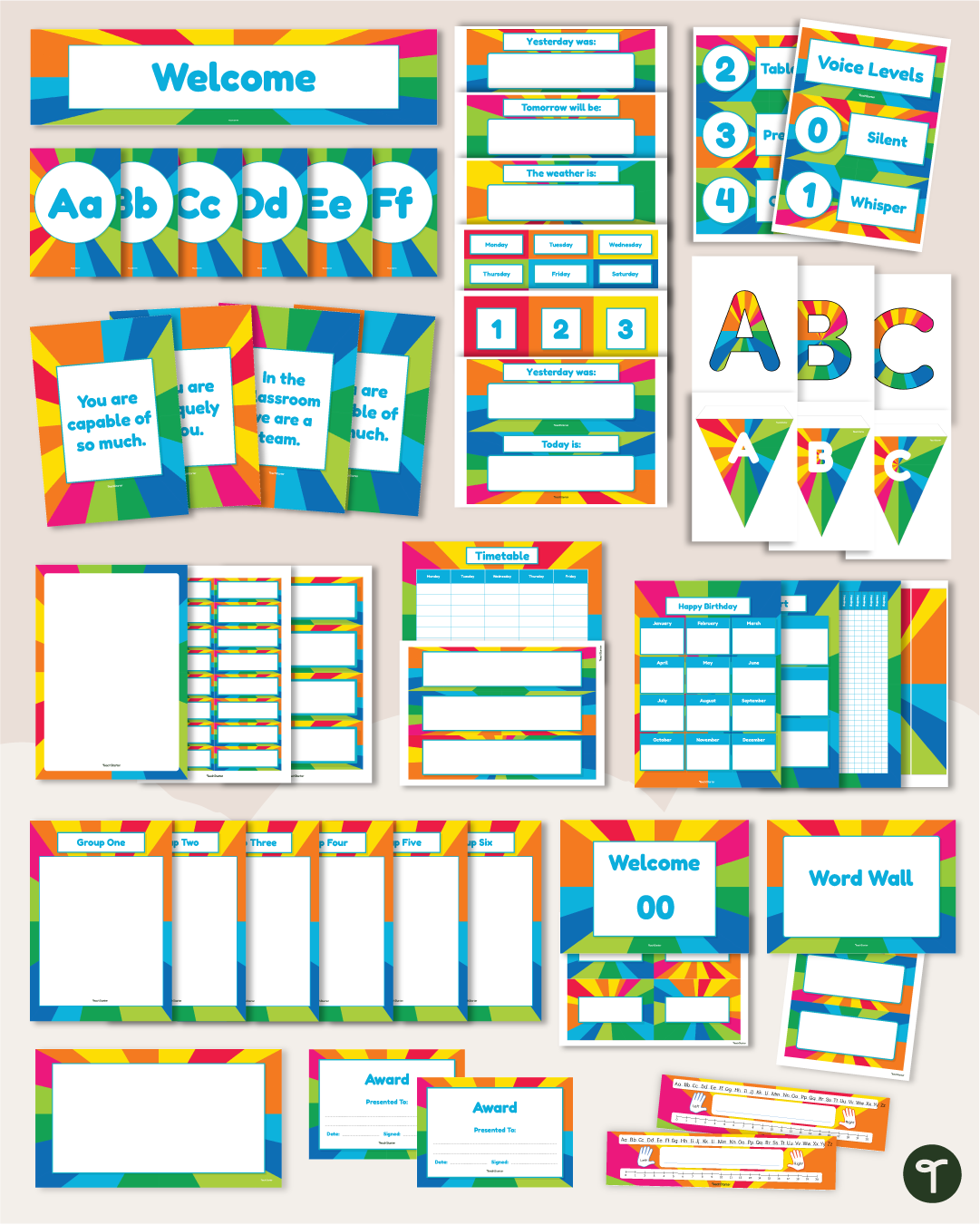 An image of many pieces of a rainbow classroom decor theme bundle on a tan background.