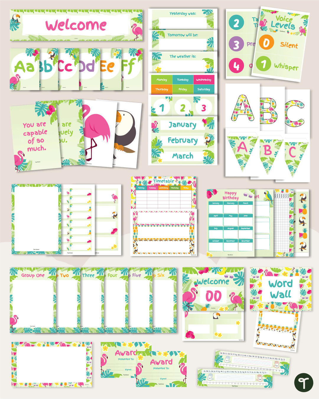 An image of many pieces of a tropical classroom decor theme bundle on a tan background.