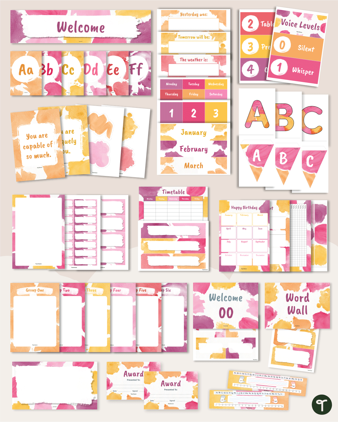 An image of many pieces of a pink watercolor classroom decor theme bundle, on a tan background.