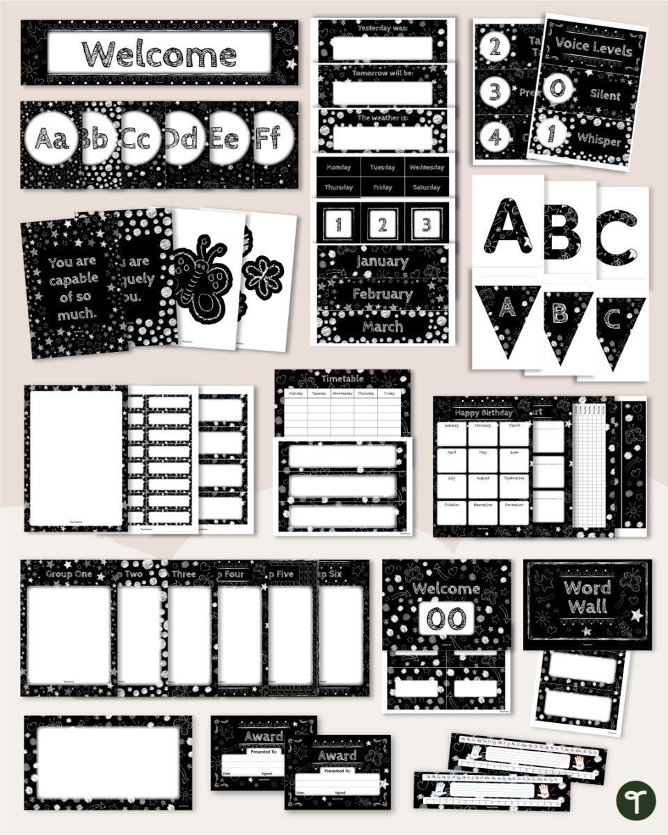 chalk doodles black and white classroom decor theme pack