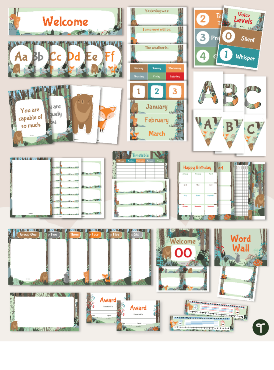 Image of forest theme classroom woodland friends decorations on tan background