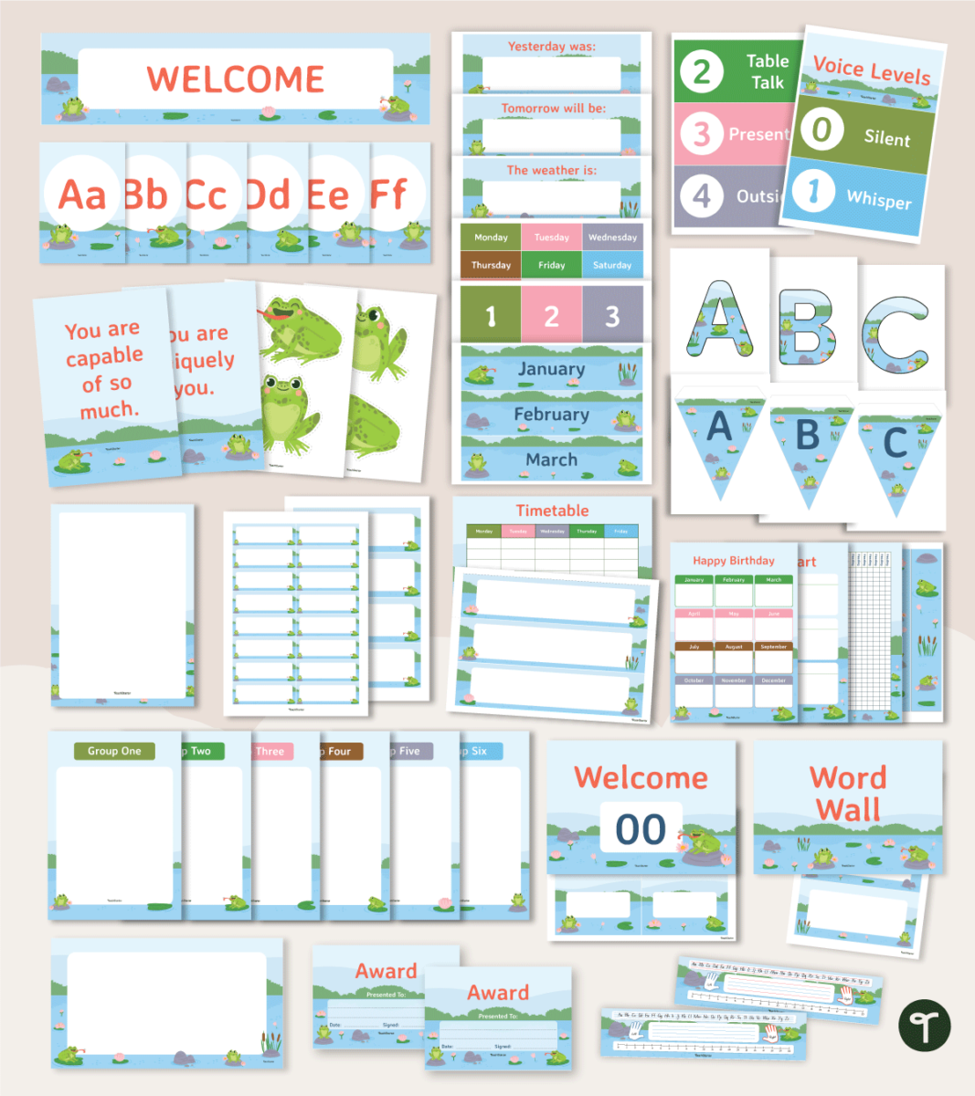 frog classroom theme printables on tan background