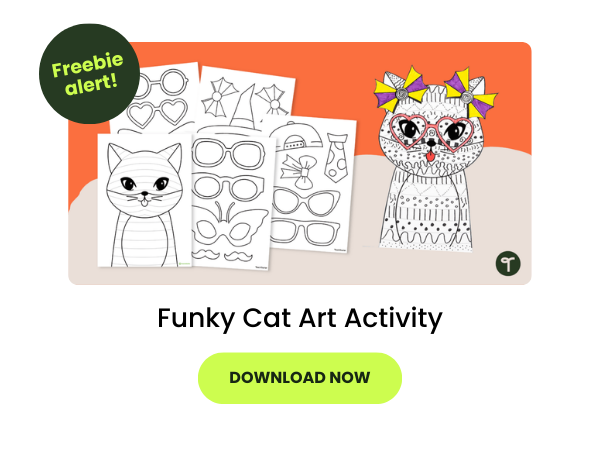 Downloadable funky cat art activity for Australian primary classrooms, designed to support creative expression and cultural identity during National Simultaneous Storytime.