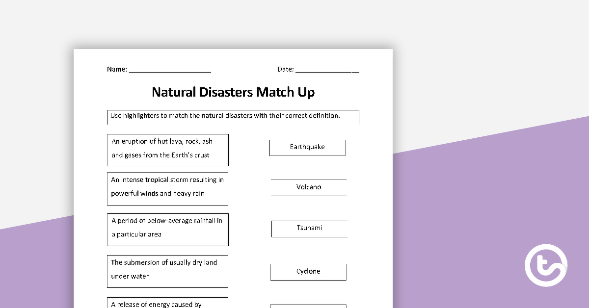 预览我age for Natural Disasters Match-Up Worksheet - teaching resource
