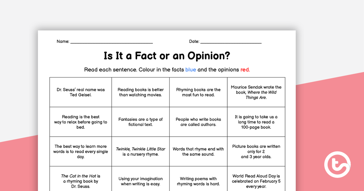 Preview image for Is It a Fact or an Opinion? - Worksheet - teaching resource