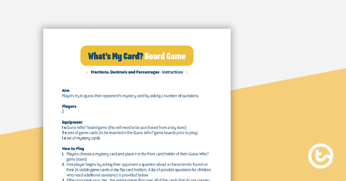 Preview image for What's My Card? Fractions, Decimals and Percentages Board Game - teaching resource