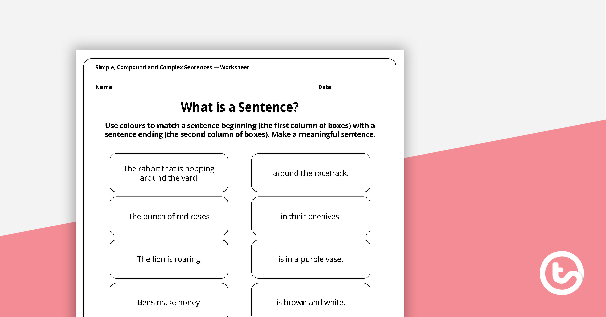 简单，复合和复杂句子工作表的预览图像 - 教学资源