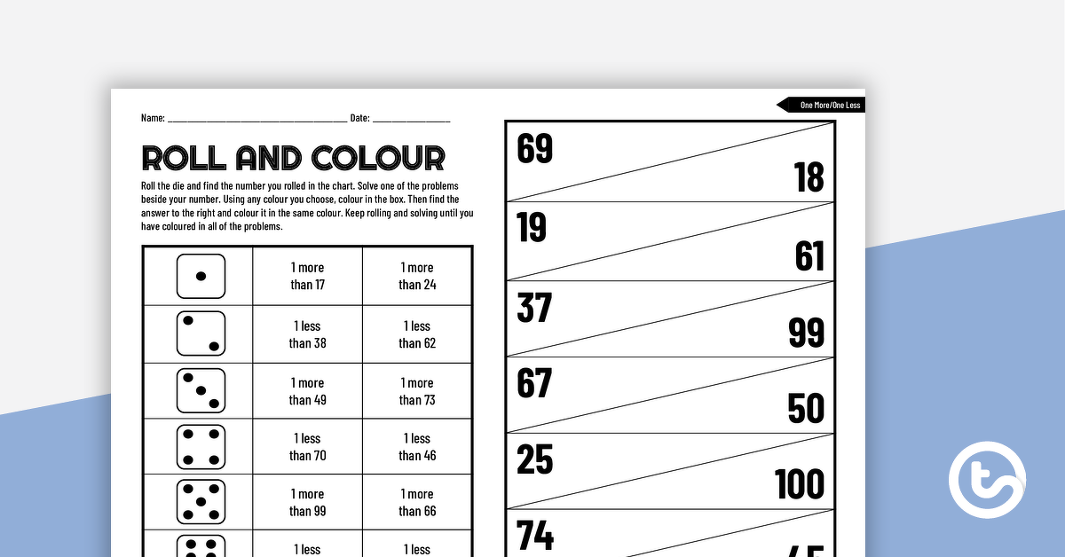 预览图像for Roll and Colour Worksheet - One More, One Less - teaching resource