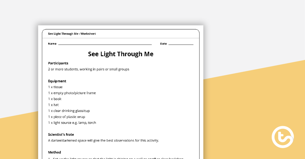 Preview image for See Light Through Me Worksheet - teaching resource