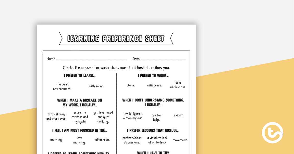 Preview image for Learning Preference Sheet - teaching resource