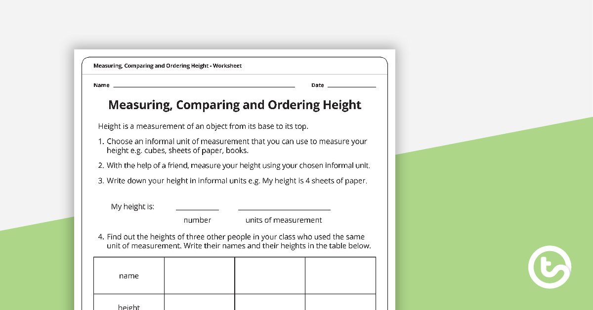 Preview image for Measuring, Comparing and Ordering Height Worksheet - teaching resource
