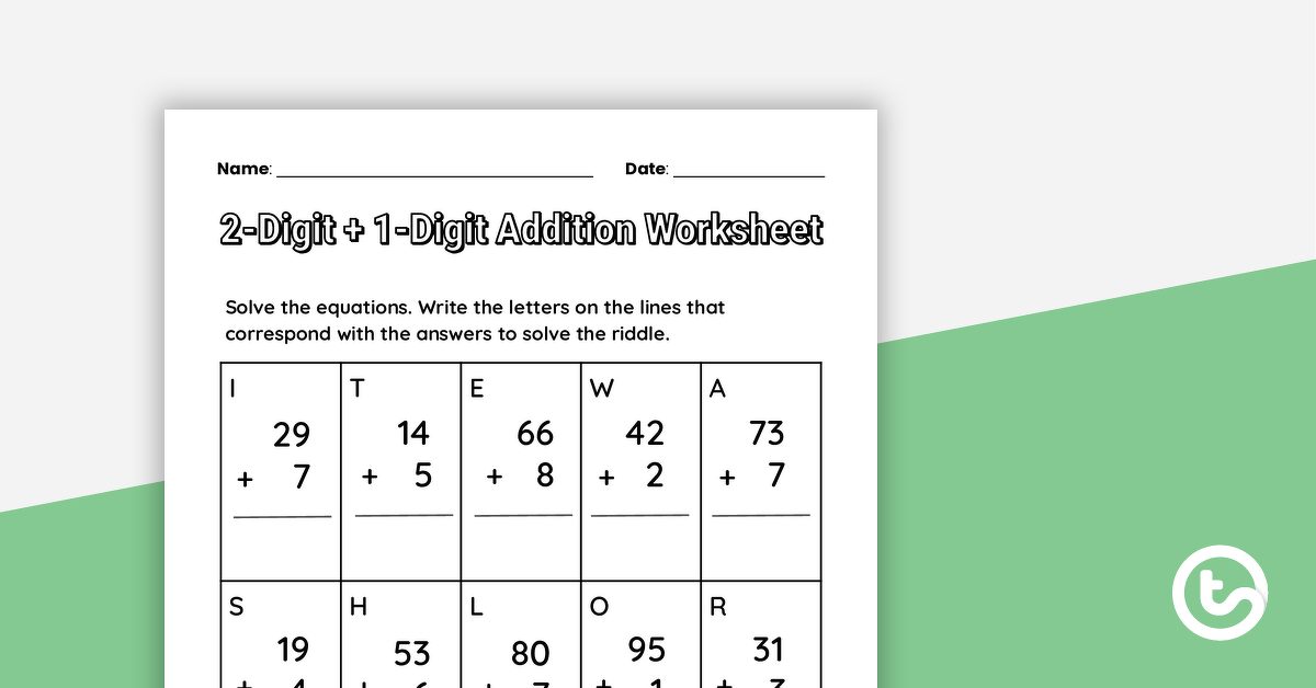 Preview image for 2-Digit + 1-Digit Numbers Addition Worksheet - teaching resource