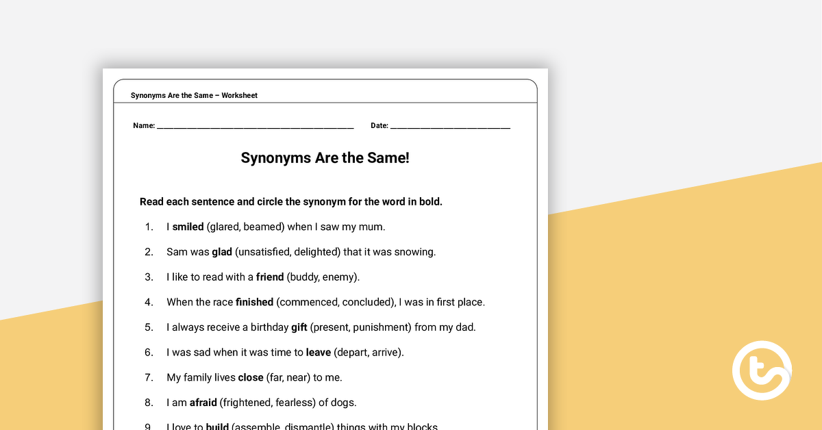 Preview image for Synonyms Are the Same! – Worksheet - teaching resource