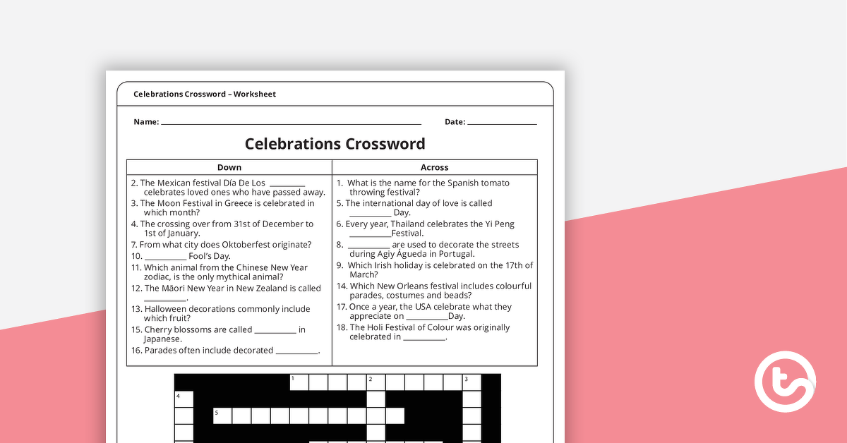 Preview image for Celebrations Crossword Puzzle – Worksheet - teaching resource