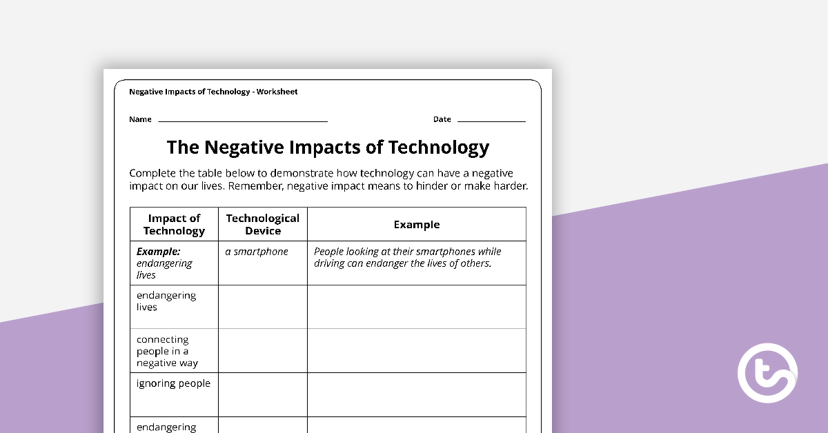 Preview image for Negative Impacts of Technology Worksheet - teaching resource