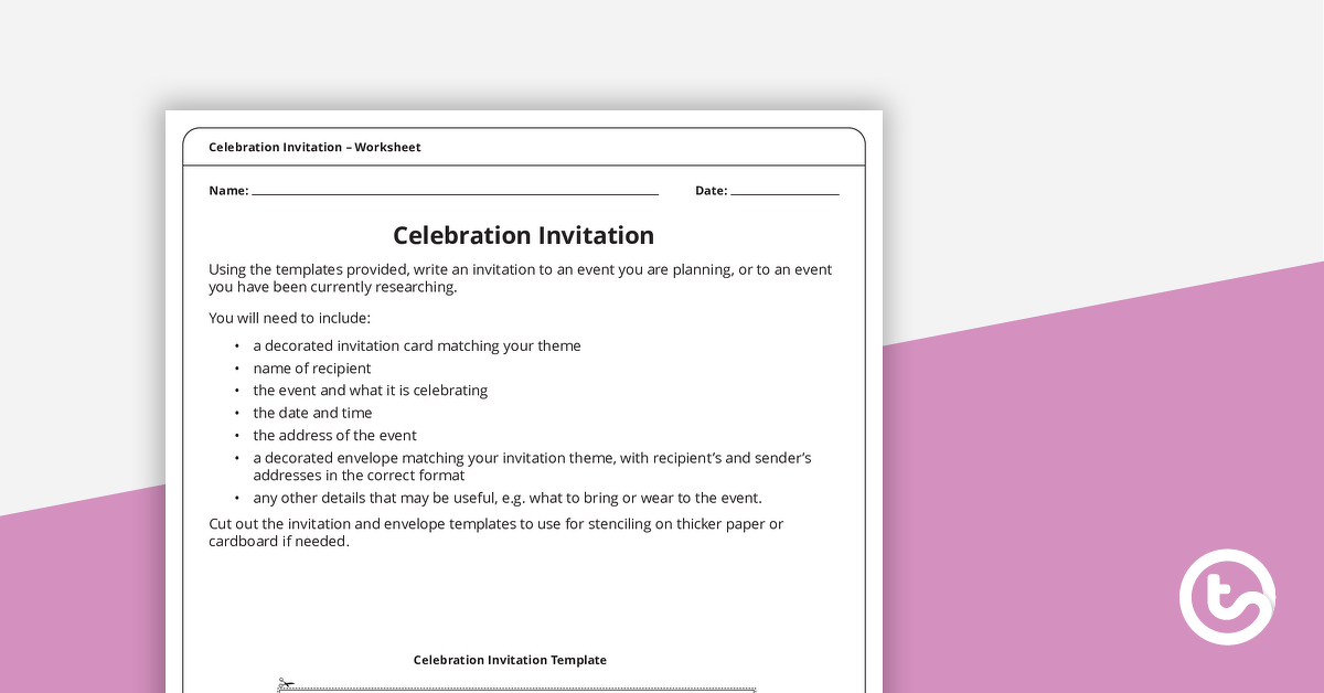 Preview image for Celebration Invitation – Worksheet (Upper Primary) - teaching resource