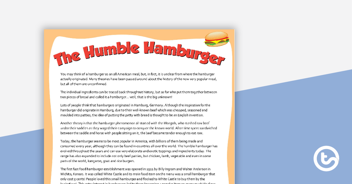 Preview image for Comprehension - The Humble Hamburger - teaching resource