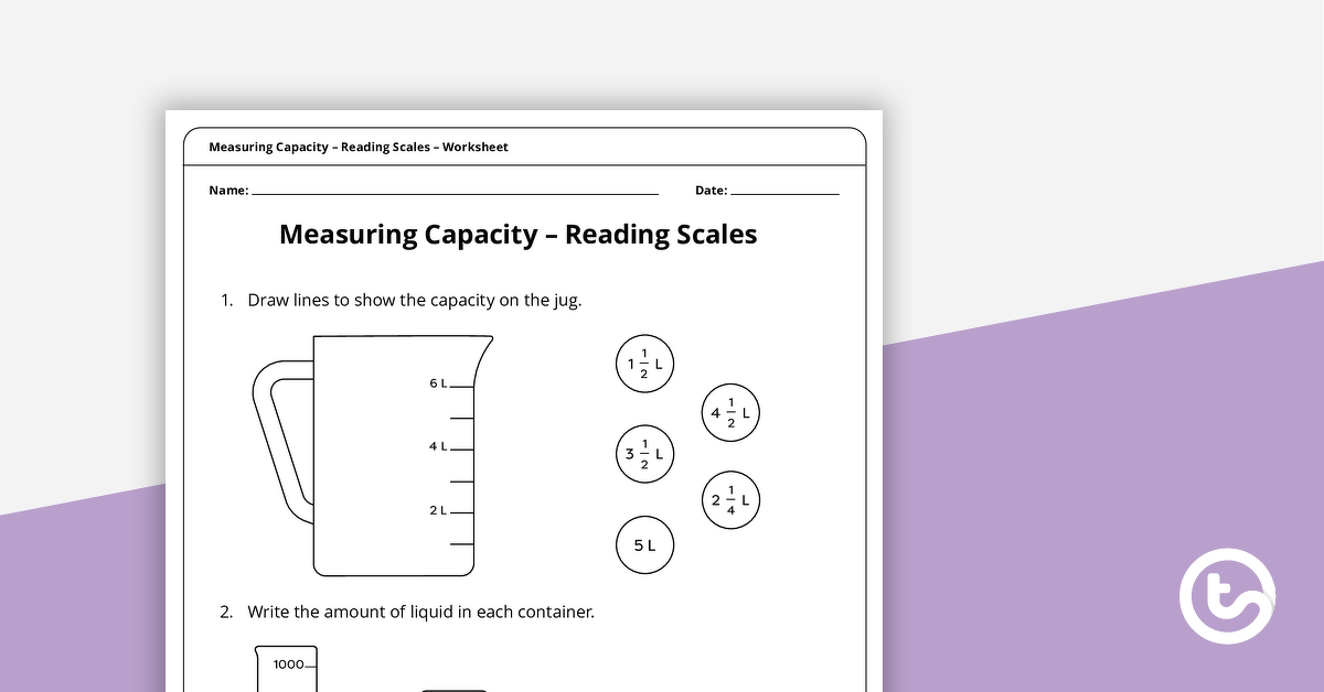 用于测量容量的预览图像 - 阅读尺度工作表 - 教学资源