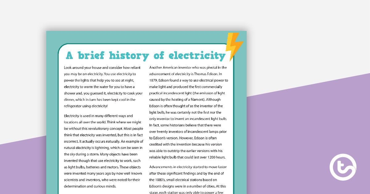 Preview image for Comprehension - A Brief History of Electricity - teaching resource