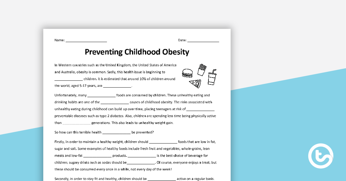Preview image for Preventing Childhood Obesity Cloze Worksheet - teaching resource