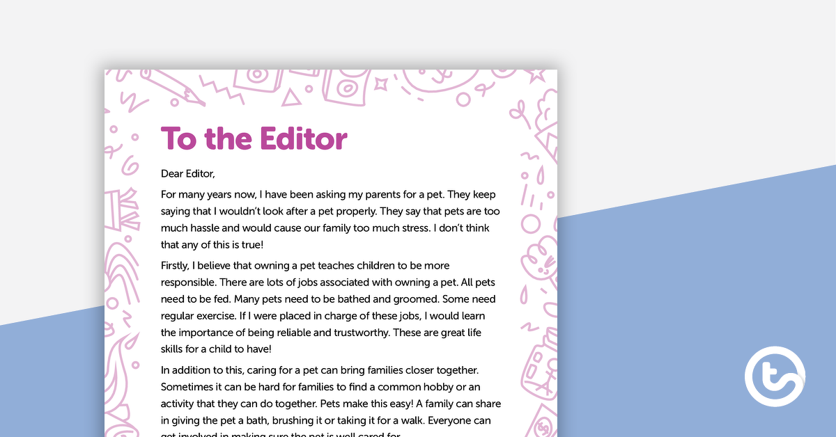 Preview image for Letter to the Editor (Pet Ownership) – Worksheet - teaching resource