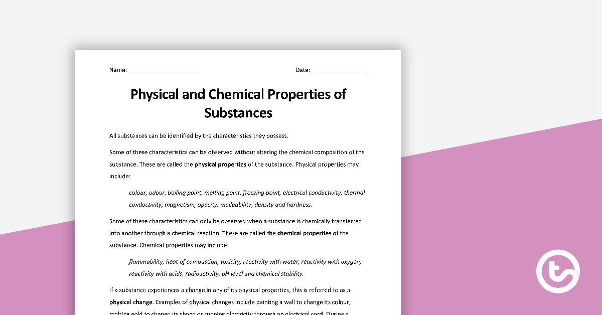 物质工作表的物理和化学特性的预览图像 - 教学资源