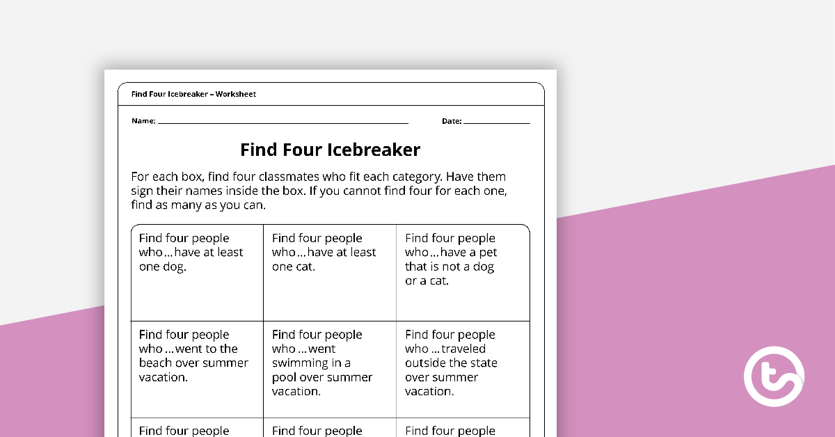 Preview image for Find Four Icebreaker Activity - teaching resource