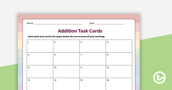Thumbnail of Word Problem Task Cards – 2-Digit + 1-Digit Addition - teaching resource