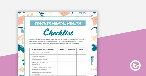 Preview image for Teacher Mental Health Checklist - teaching resource