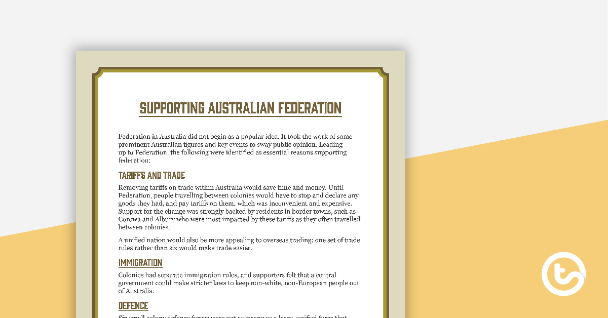Preview image for Support and Opposition For Federation - Fact Sheet - teaching resource