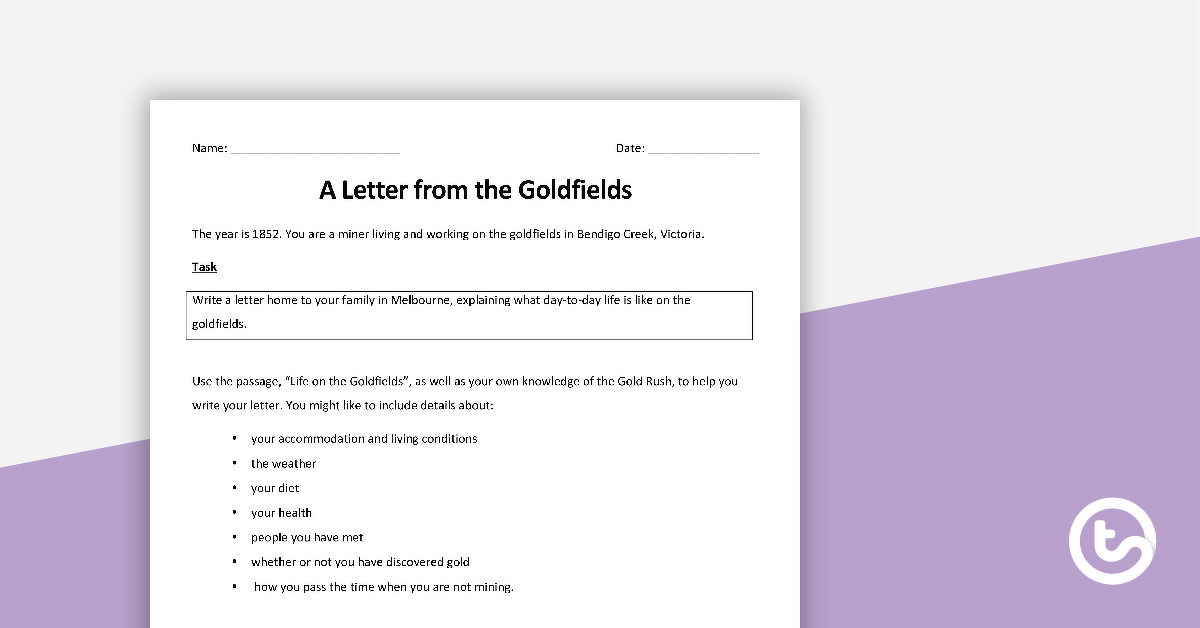 Preview image for A Letter from the Goldfields - Writing Task - teaching resource