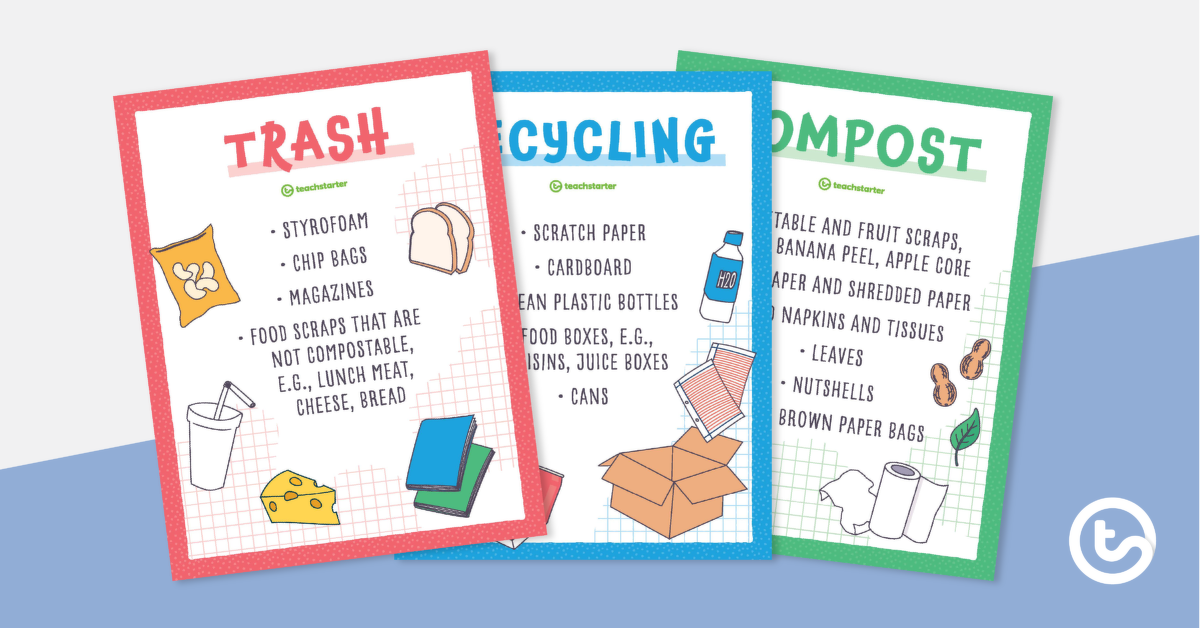 garbage bin posters trash recycling and compost teach starter