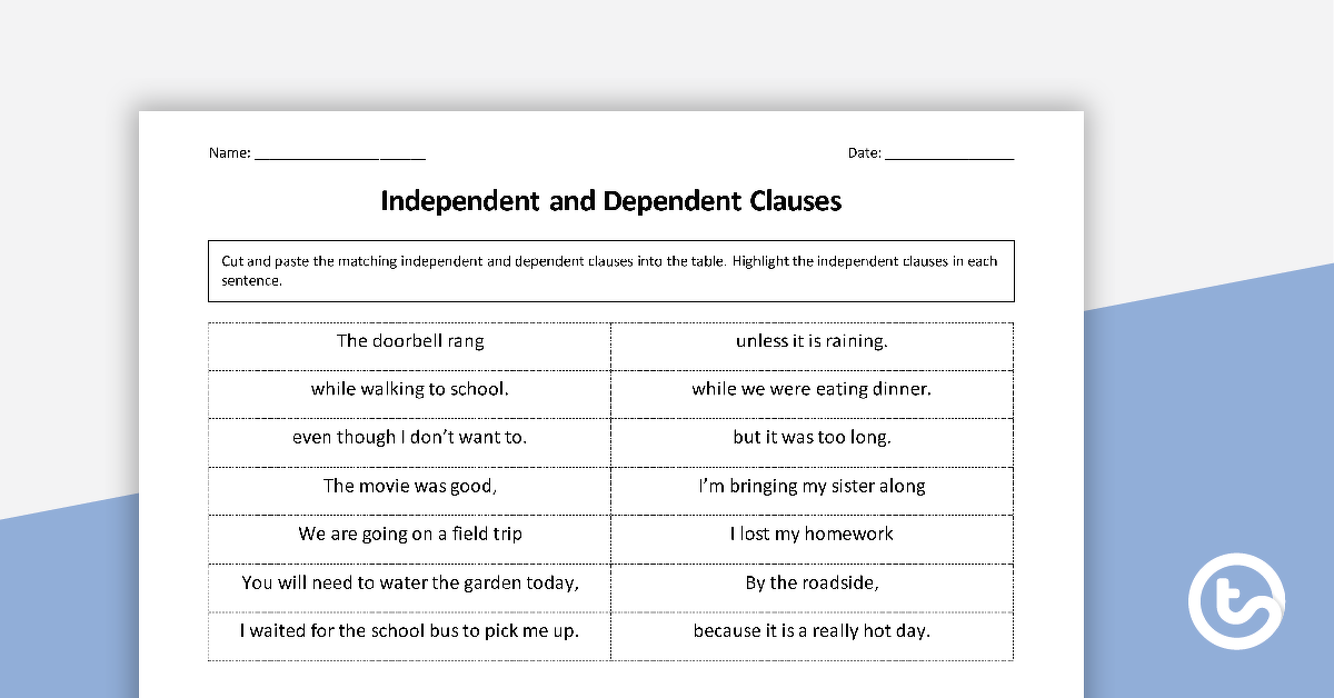 Preview image for Independent and Dependent Clauses - Matchup Activity - teaching resource
