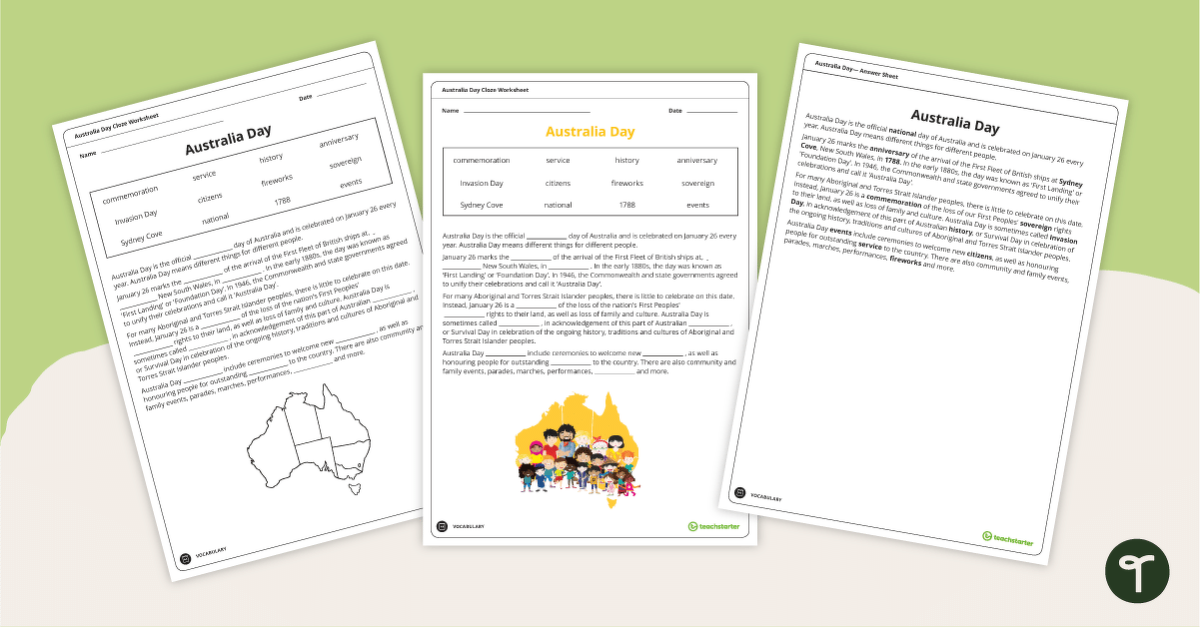 Preview image for Australia Day Cloze Worksheet - teaching resource