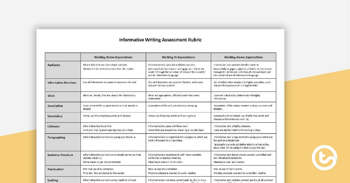 Preview image for Assessment Rubric - Informative Writing - teaching resource