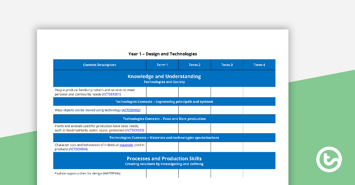 Preview image for Technologies Term Tracker (WA Curriculum) - Year 1 - teaching resource