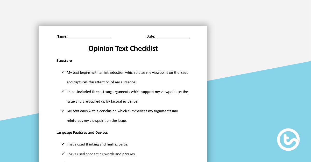 Preview image for Opinion Writing Checklist - Structure, Language and Features - teaching resource