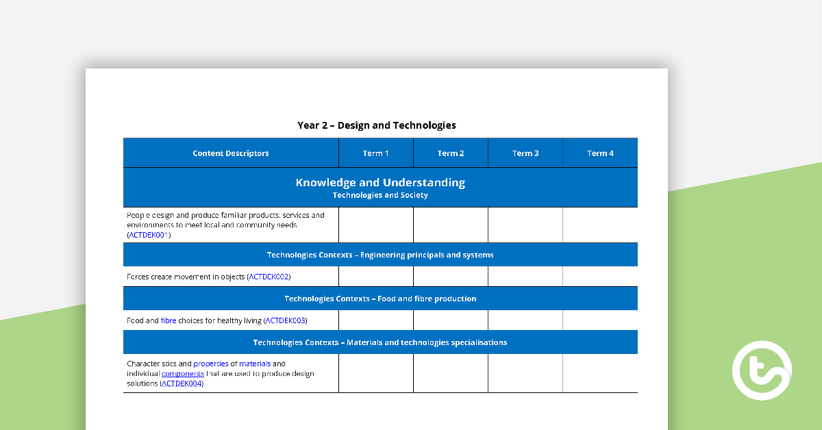 Preview image for Technologies Term Tracker (WA Curriculum) - Year 2 - teaching resource