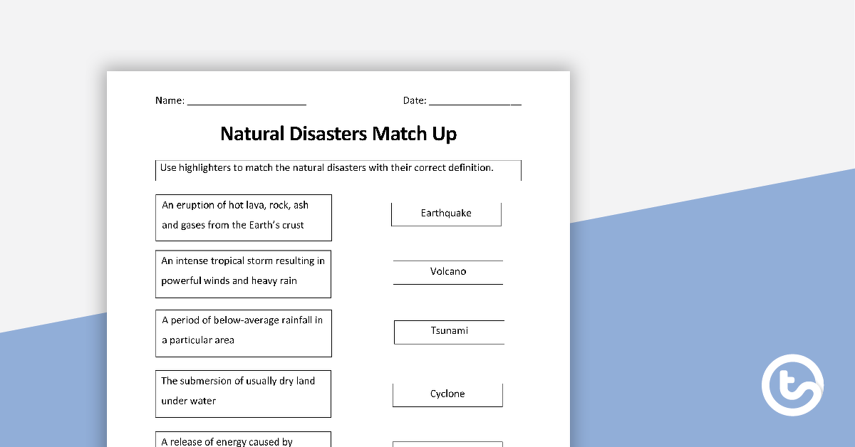 预览图像的自然灾害相配工作表——教学资源