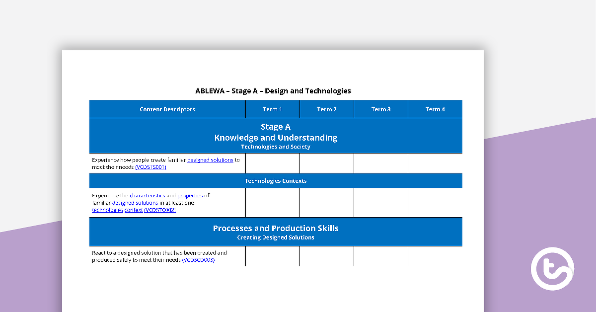 Preview image for Technologies Term Tracker (WA Curriculum) - ABLEWA - teaching resource