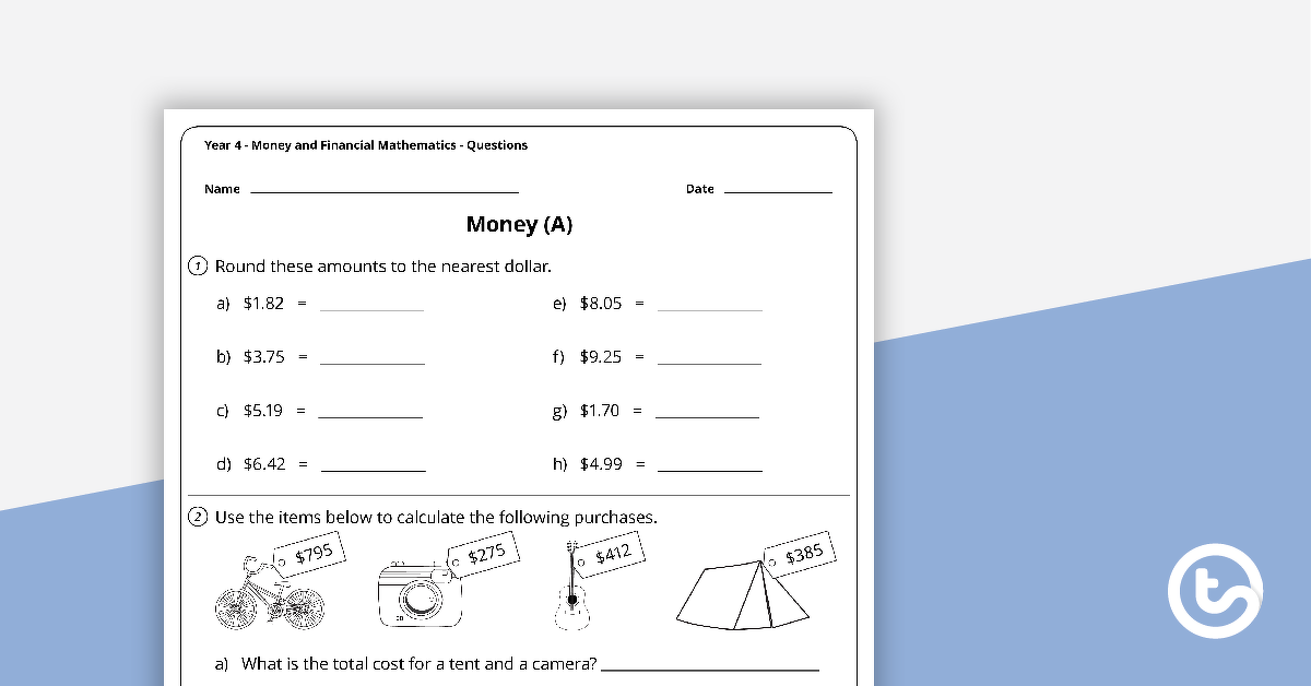 money and financial mathematics worksheets year 4 teach starter